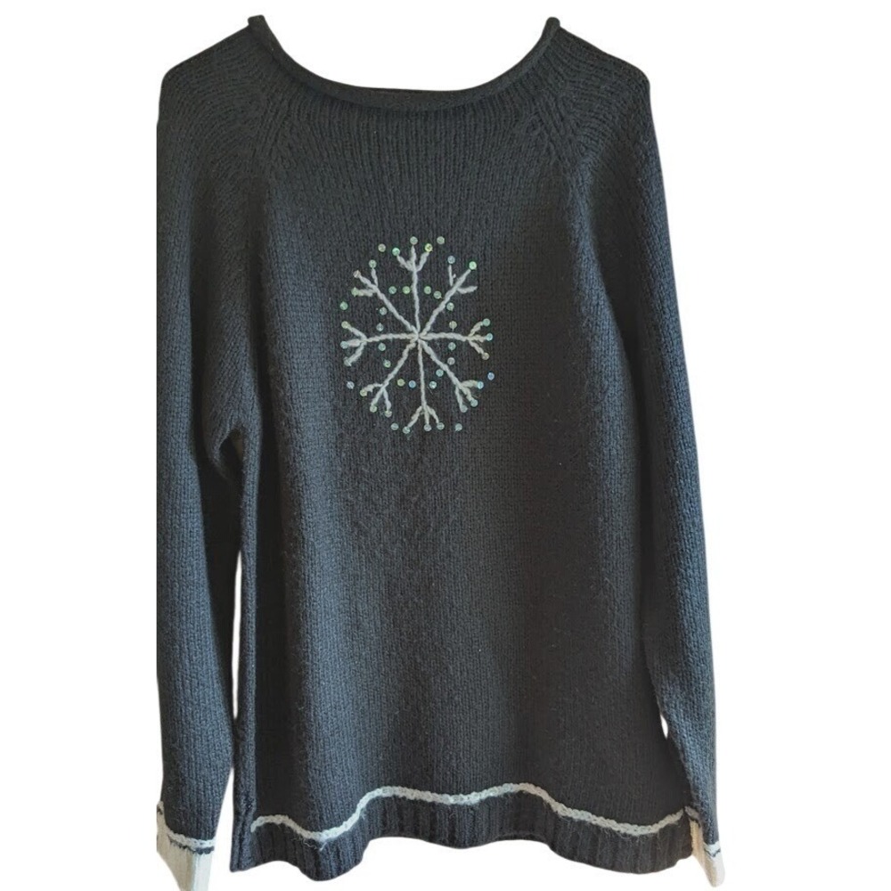 Vintage Quacker Factory Womens Sweater Snowflake Sz M Embroidered Sequin Wool Bl
